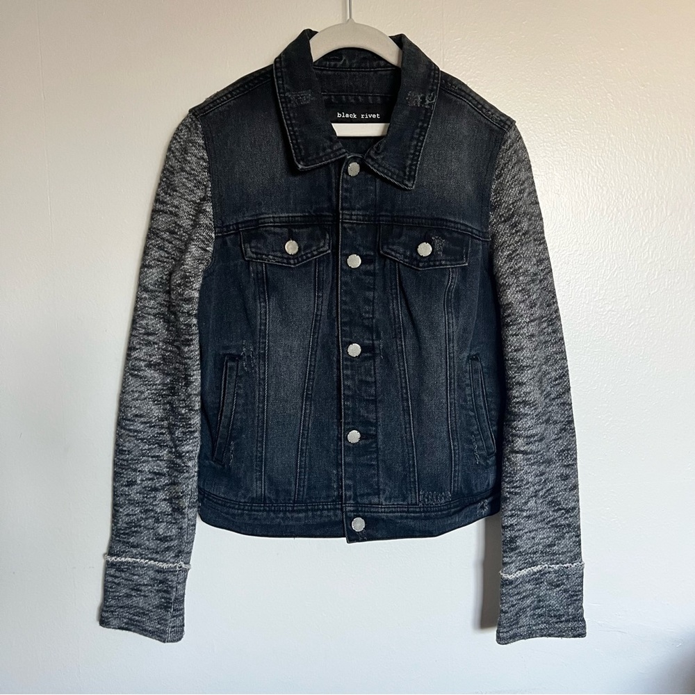 Black Rivet Denim Jacket w/ Fabric Sleeves - Charcoal Black